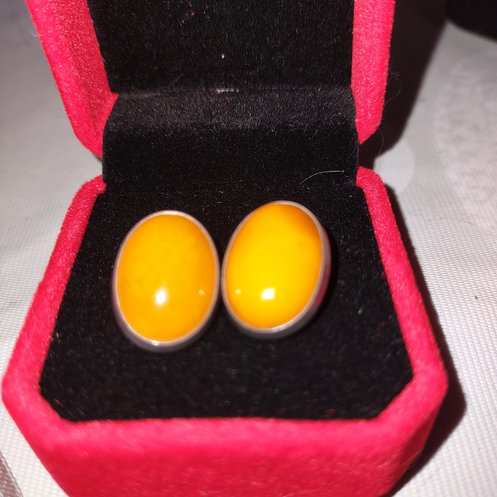 vintage Egg Yolk Baltic Amber Earrings  - Sterling Silver - Clip-on